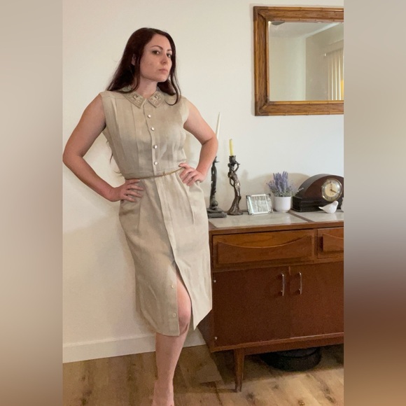 Vintage 1940’s 50s rhinestone beads linen dress pleats buttons Medium M 28”w VLV - Picture 12 of 12